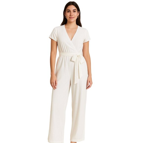 Lulus Pants - Lulu’s Faux Wrap Tie Waist Jumpsuit White Size L Minimalist Stealth Wealth Boho